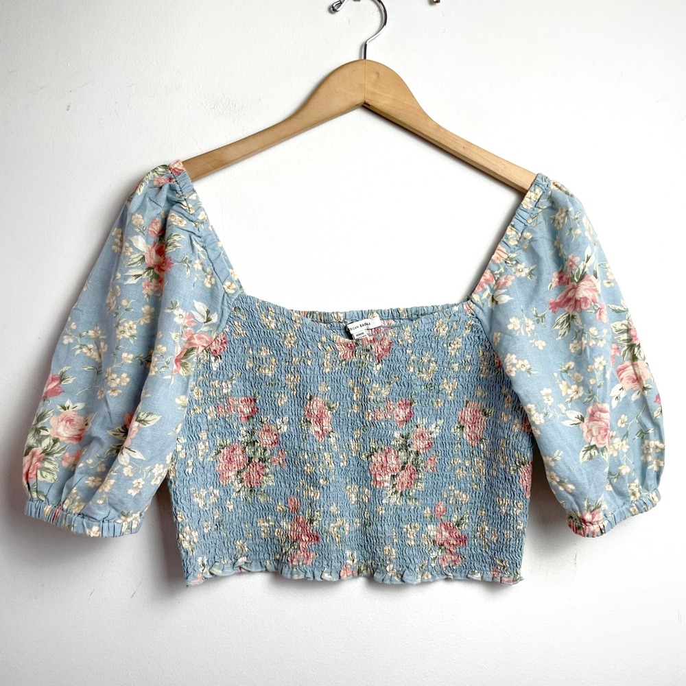American Eagle Cottage Milkmaid Top Sz‎ Medium Puff Sleeve Floral Smocked